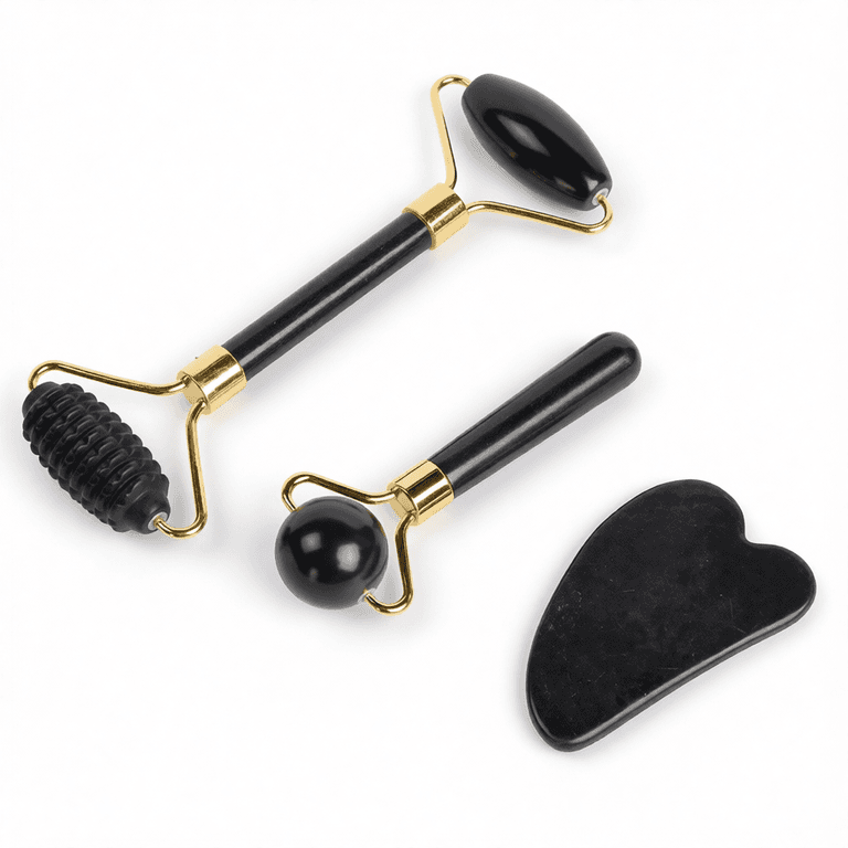 Массажный набор гуаша: 2 роллера (ролика) и скребок для лица из кварца Mizomed Trinity Harmony 3 в 1 черный (M31B)