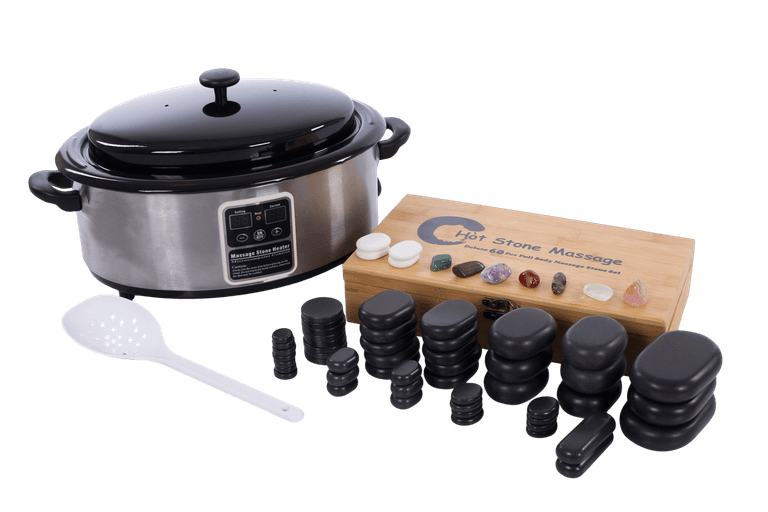 Нагреватель камней для стоун терапии Mizomed HSH6 + Набор массажных камней для стоун терапии из базальта Spastone H60TC в коробке из бамбука (60 шт.)