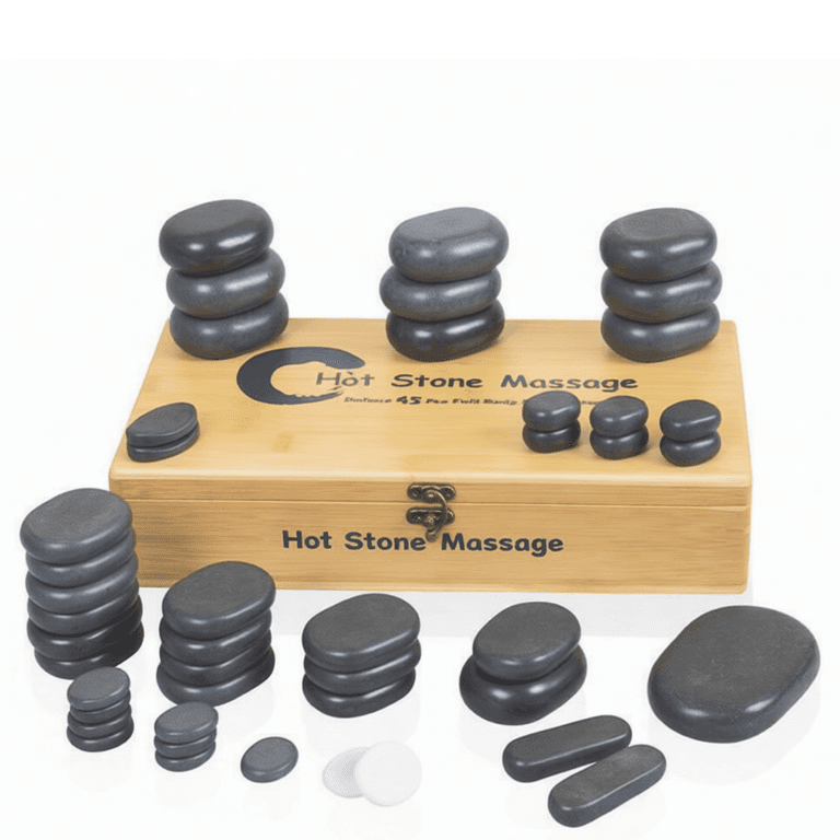 Набор массажных камней для стоун терапии из базальта Mizomed H45TC2 в коробке из бамбука 45 шт.