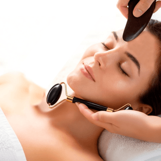 Массажный набор гуаша: 2 роллера (ролика) и скребок для лица из кварца Mizomed Trinity Harmony 3 в 1 черный