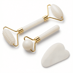 Массажный набор гуаша: 2 роллера (ролика) и скребок для лица из кварца Mizomed Trinity Harmony 3 в 1 белый (M31W)