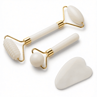 Массажный набор гуаша: 2 роллера (ролика) и скребок для лица из кварца Mizomed Trinity Harmony 3 в 1 белый (M31W)