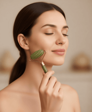 Массажный набор гуаша: роллер (ролик) и скребок для лица нефритовые Mizomed Dual Serenity R (M21TC)