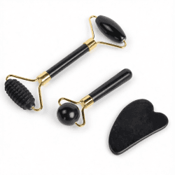 Массажный набор гуаша: 2 роллера (ролика) и скребок для лица из кварца Mizomed Trinity Harmony 3 в 1 черный (M31B)