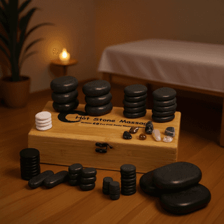 Набор массажных камней для стоун терапии из базальта Mizomed H60TC в коробке из бамбука 60 шт.