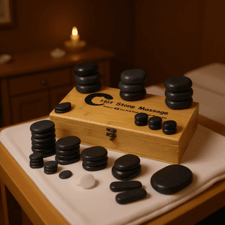 Набор массажных камней для стоун терапии из базальта Mizomed H45TC2 в коробке из бамбука 45 шт.