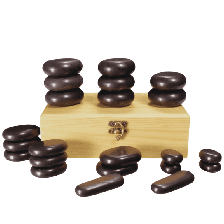 Набор массажных камней для стоун терапии из базальта Mizomed H22TC в коробке из бамбука 22 шт.