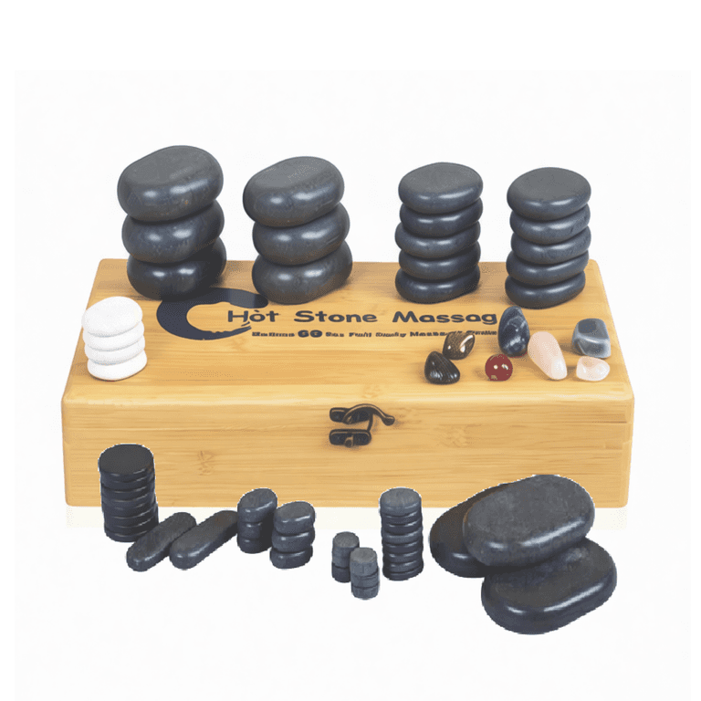 Набор массажных камней для стоун терапии из базальта Mizomed H60TC в коробке из бамбука 60 шт.