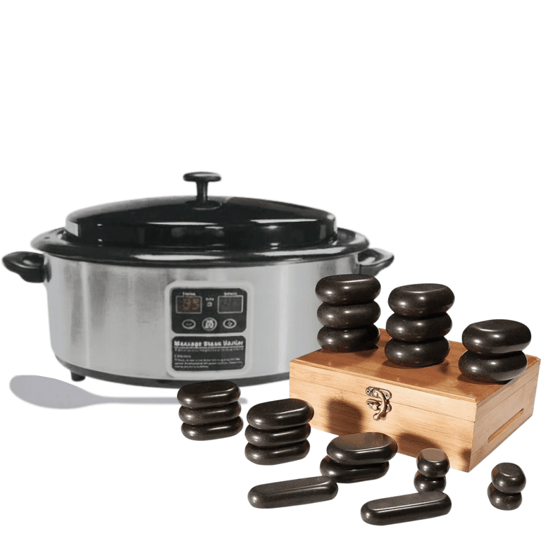 Нагреватель камней для стоун терапии Mizomed HSH6 + Набор массажных камней для стоун терапии из базальта Spastone H22TC в коробке из бамбука (22 шт.)