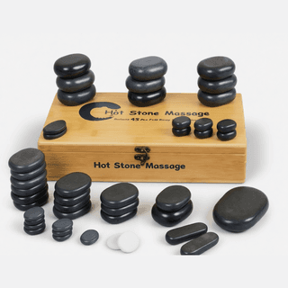 Набор массажных камней для стоун терапии из базальта Mizomed H45TC2 в коробке из бамбука 45 шт.
