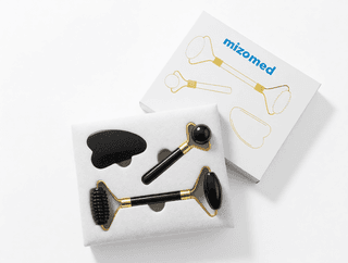 Массажный набор гуаша: 2 роллера (ролика) и скребок для лица из кварца Mizomed Trinity Harmony 3 в 1 черный (M31B)