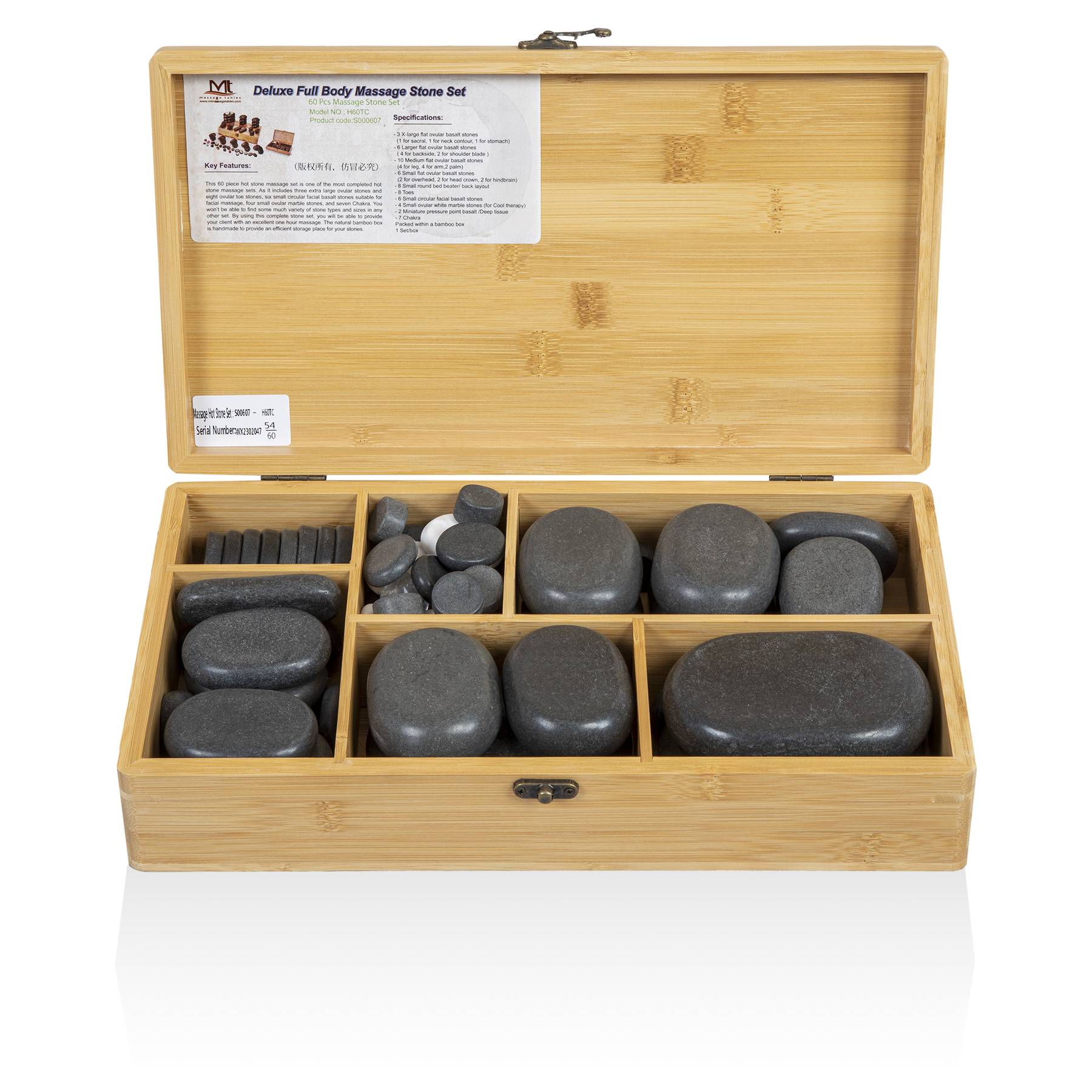 Набор массажных камней из базальта в коробке из бамбука (60шт.) H60TC - 3 