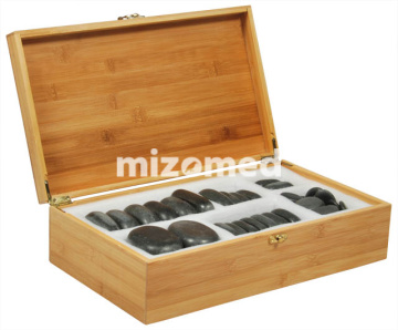Набор массажных камней из базальта в коробке из бамбука (45 шт.)